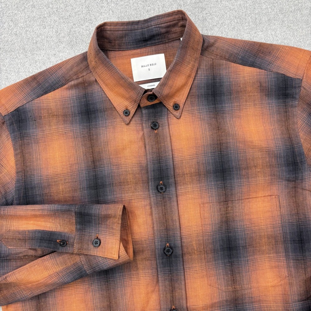 Billy Reid Shirt Mens Small Orange Shadow Plaid‎ Slub Cotton Standard Fit